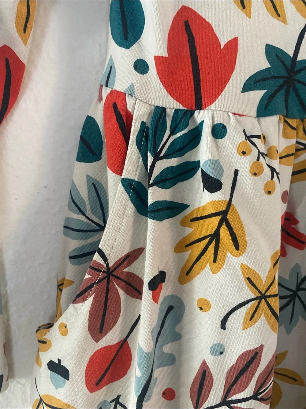 Hanna Andersson fall dress with pockets 6-7 Mustard & Brown Leaf Print, cotton